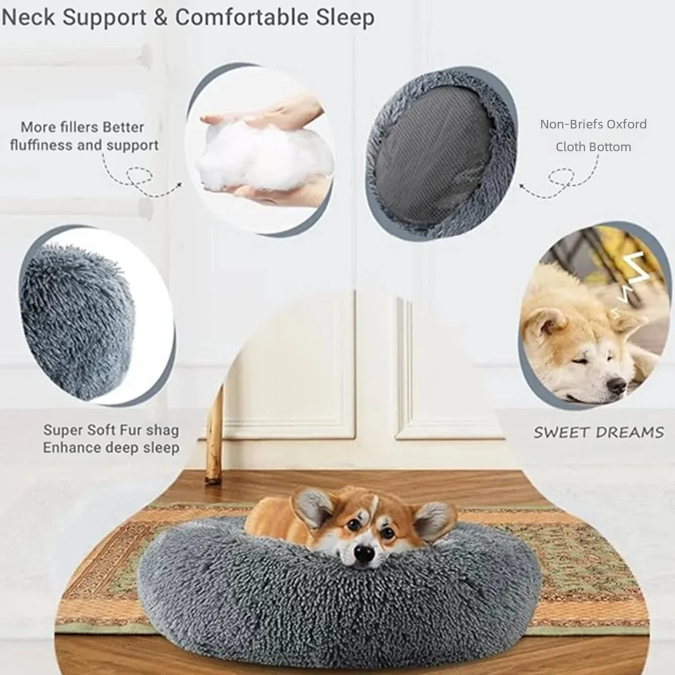 Light Grey Comfy Calming Donut Dog Bed 40-90cm
